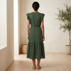 Forest Green Cotton Ruffle Midi Wrap Dress