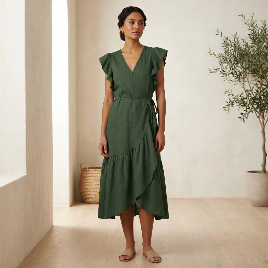 Forest Green Cotton Ruffle Midi Wrap Dress