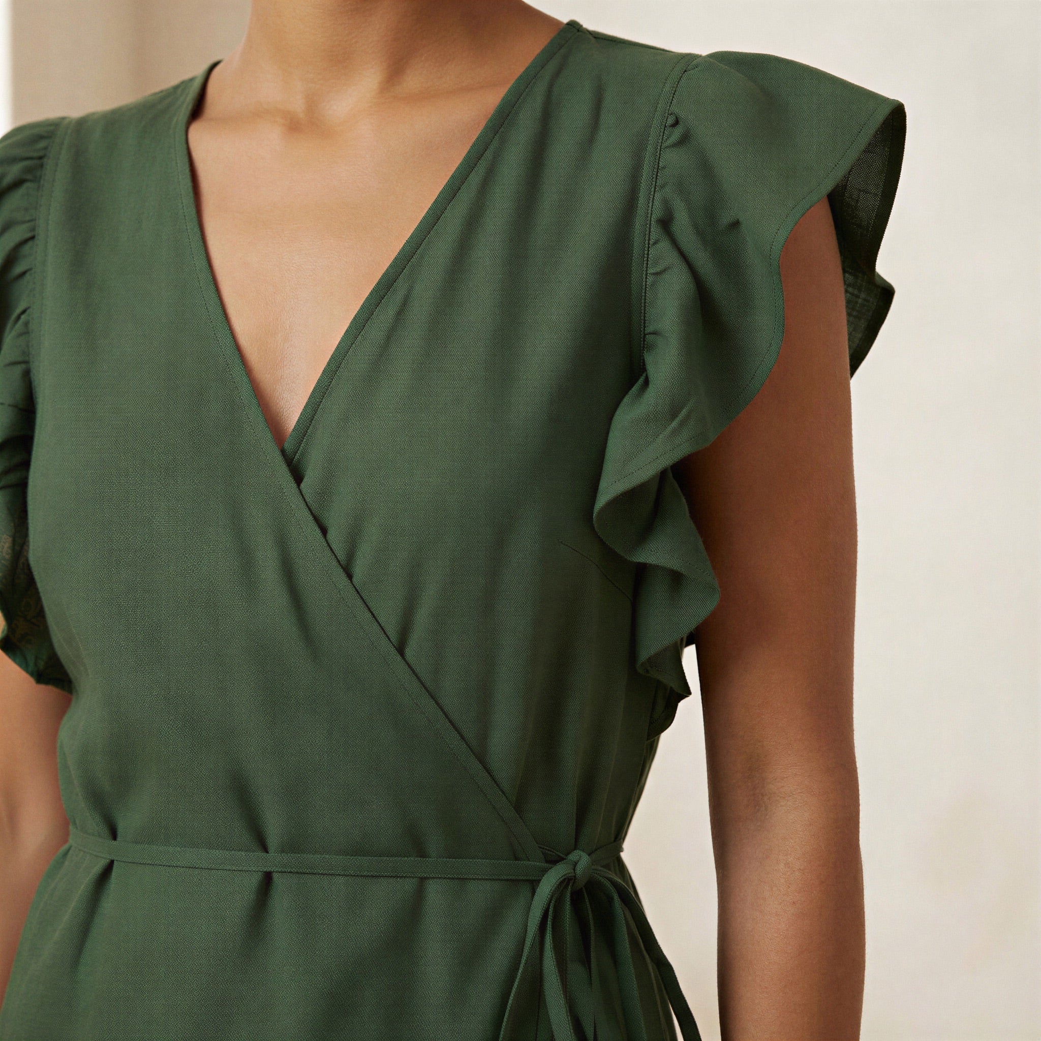 Forest Green Cotton Ruffle Midi Wrap Dress