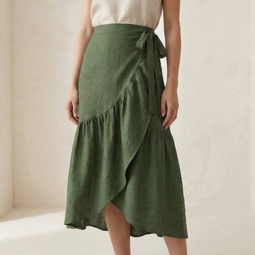 Forest Green Cotton Ruffle Midi Wrap Skirt