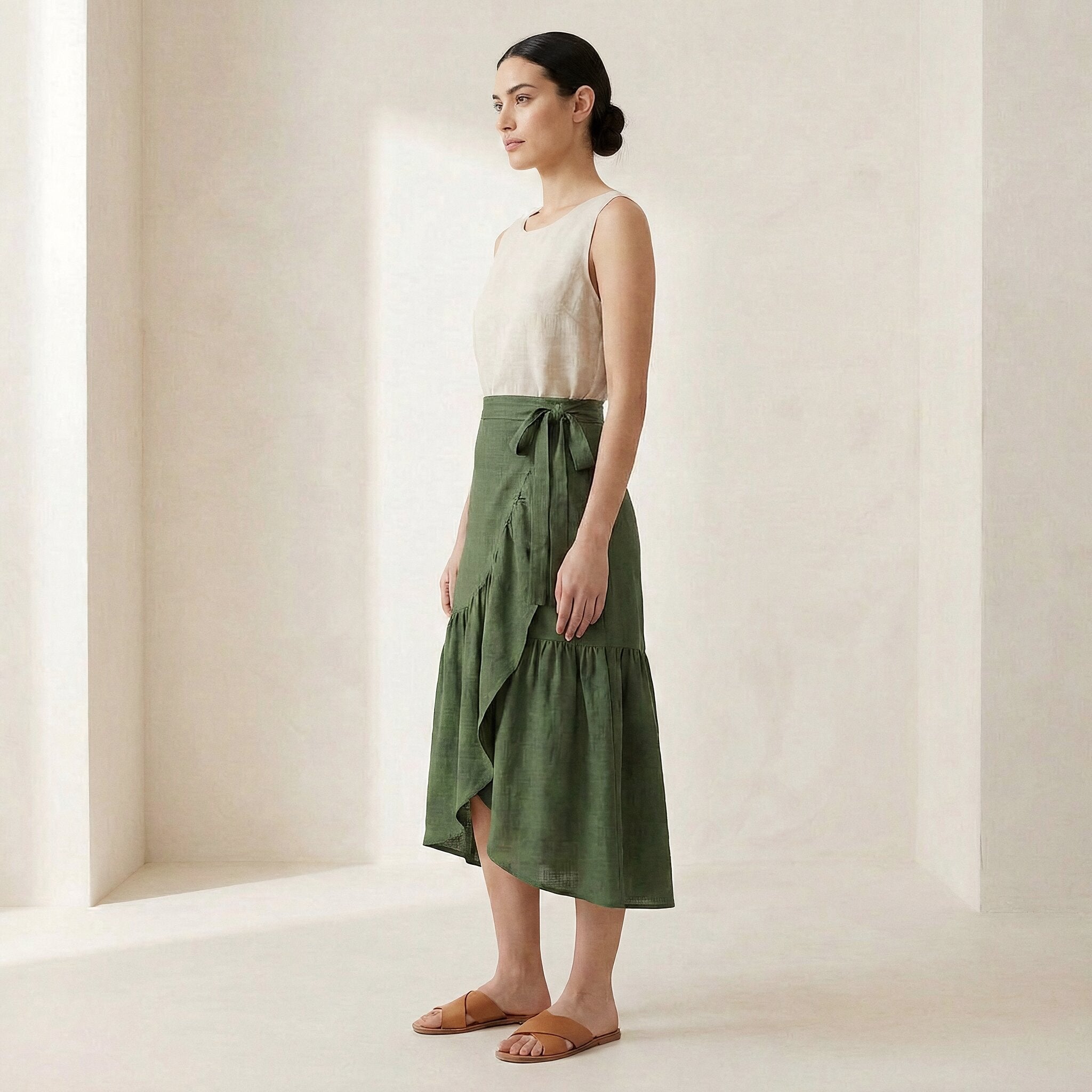 Forest Green Cotton Ruffle Midi Wrap Skirt