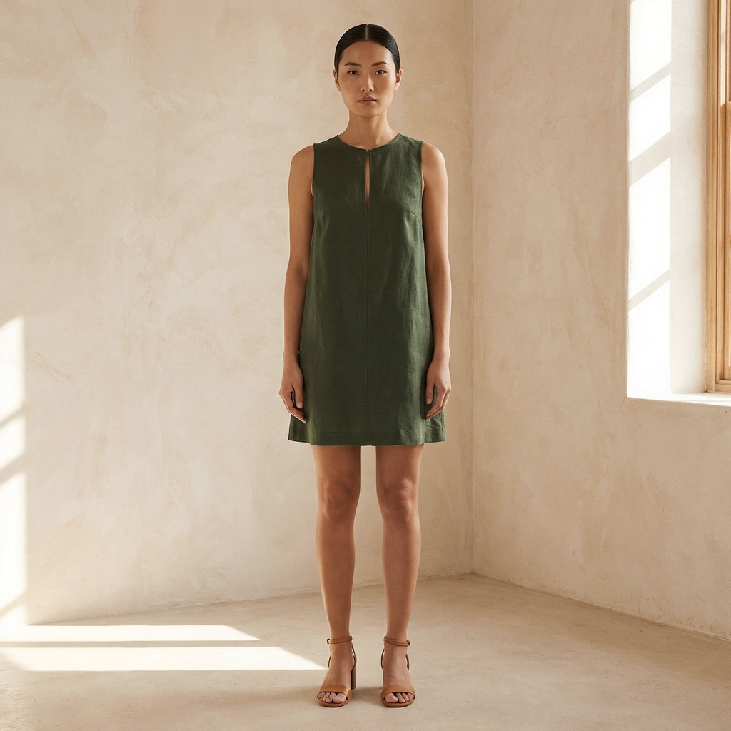 Forest Green Cotton Sleeveless A-Line Short Shift Dress
