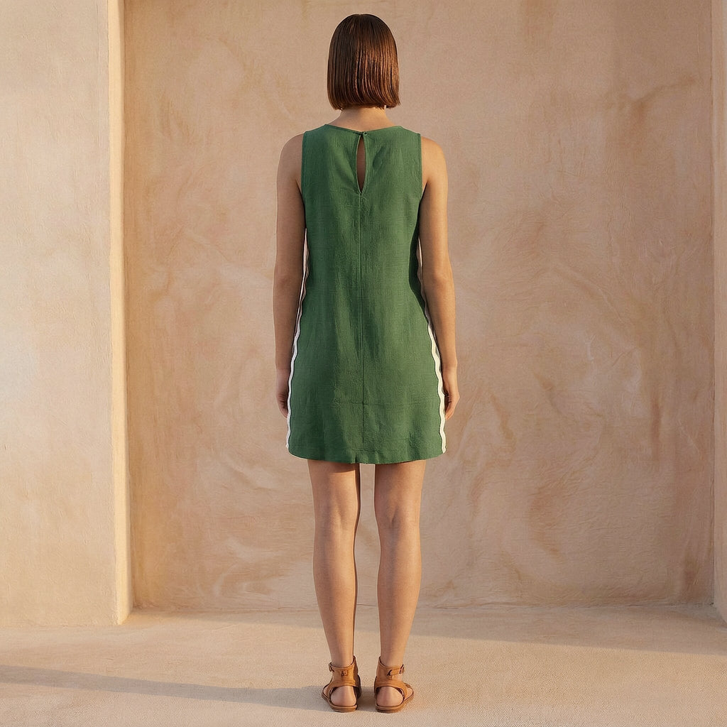Forest Green Cotton Wavy Stripe Short Shift Dress