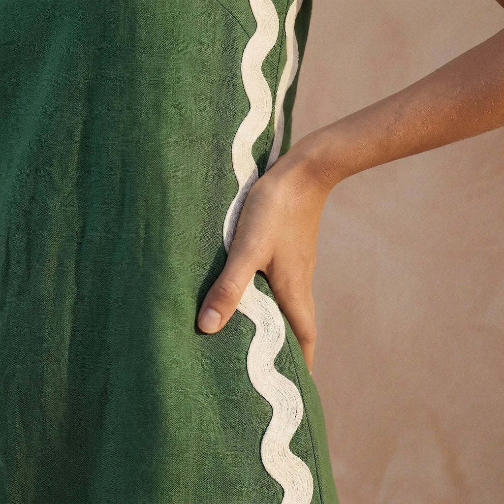 Forest Green Cotton Wavy Stripe Short Shift Dress