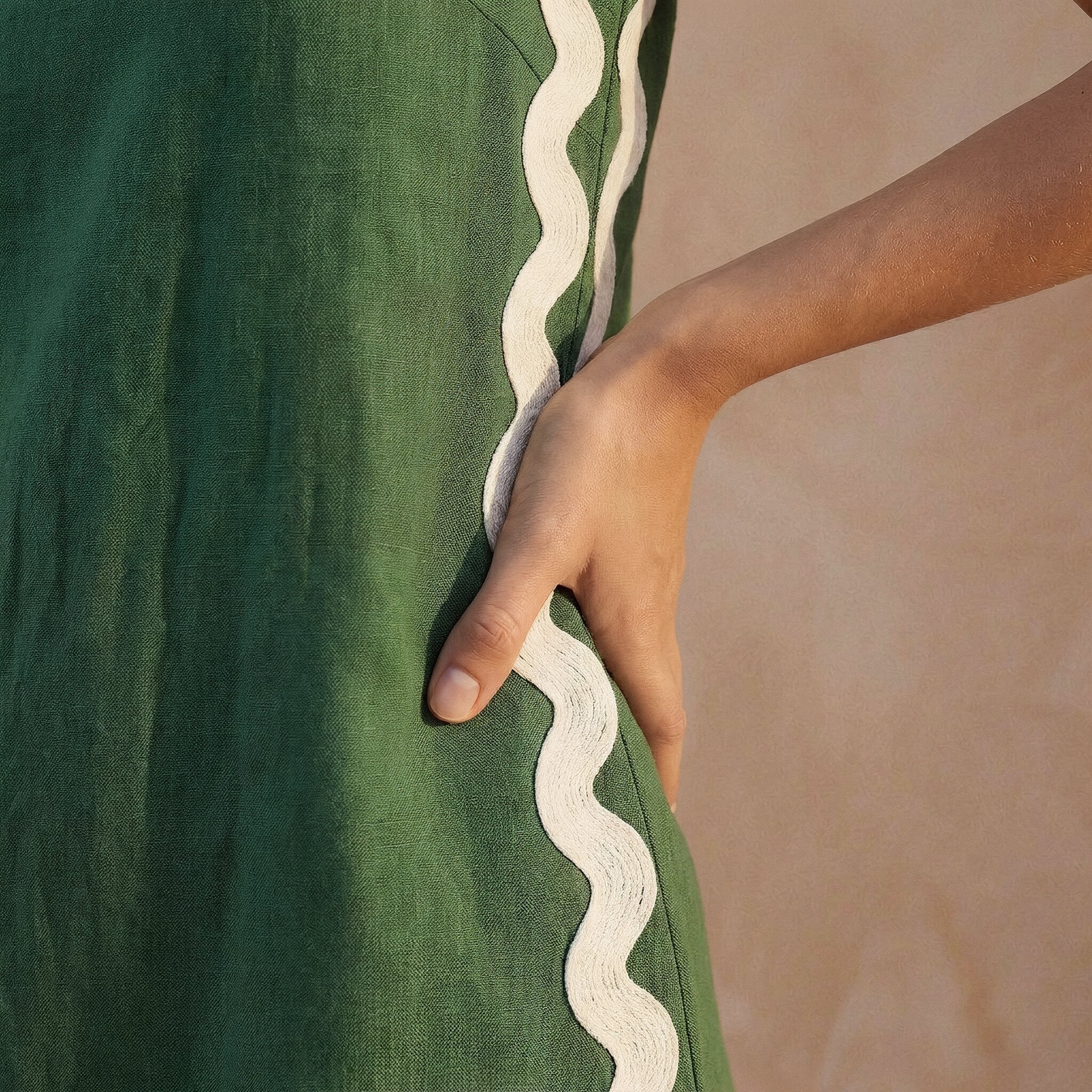 Forest Green Cotton Wavy Stripe Short Shift Dress