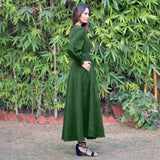 Forest Green Warm Cotton Corduroy Fit and Flare Maxi Dress