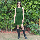 Forest Green Warm Cotton Corduroy Fit and Flare Sleeveless Short Dress