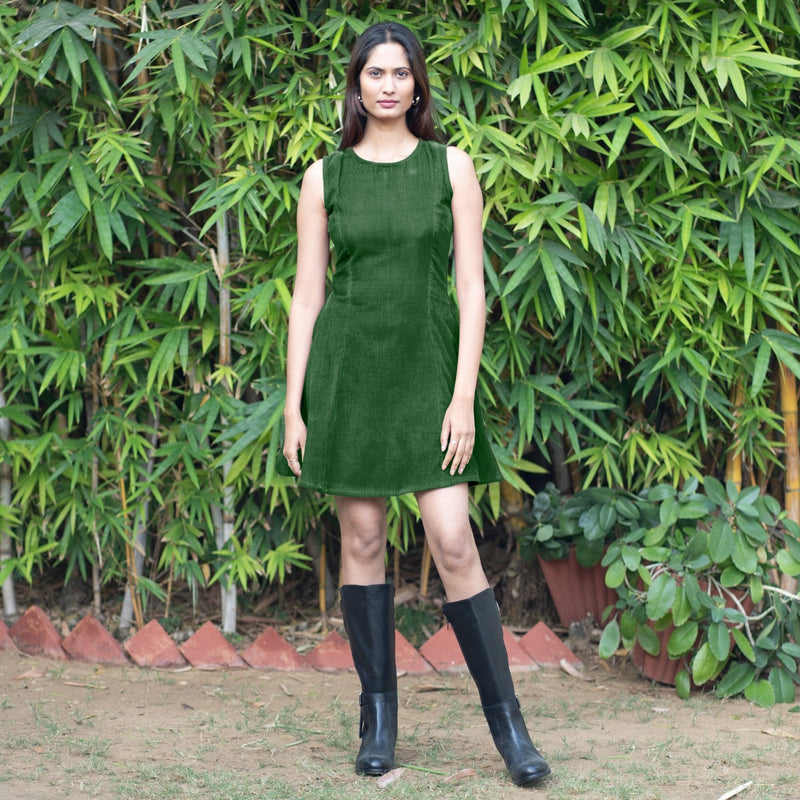 Forest Green Warm Cotton Corduroy Fit and Flare Sleeveless Short Dress