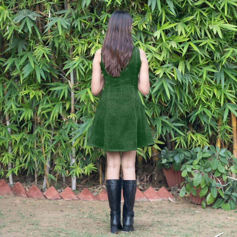 Forest Green Warm Cotton Corduroy Fit and Flare Sleeveless Short Dress