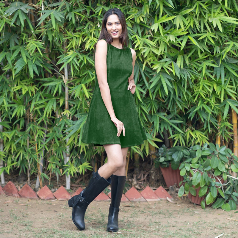 Forest Green Warm Cotton Corduroy Fit and Flare Sleeveless Short Dress