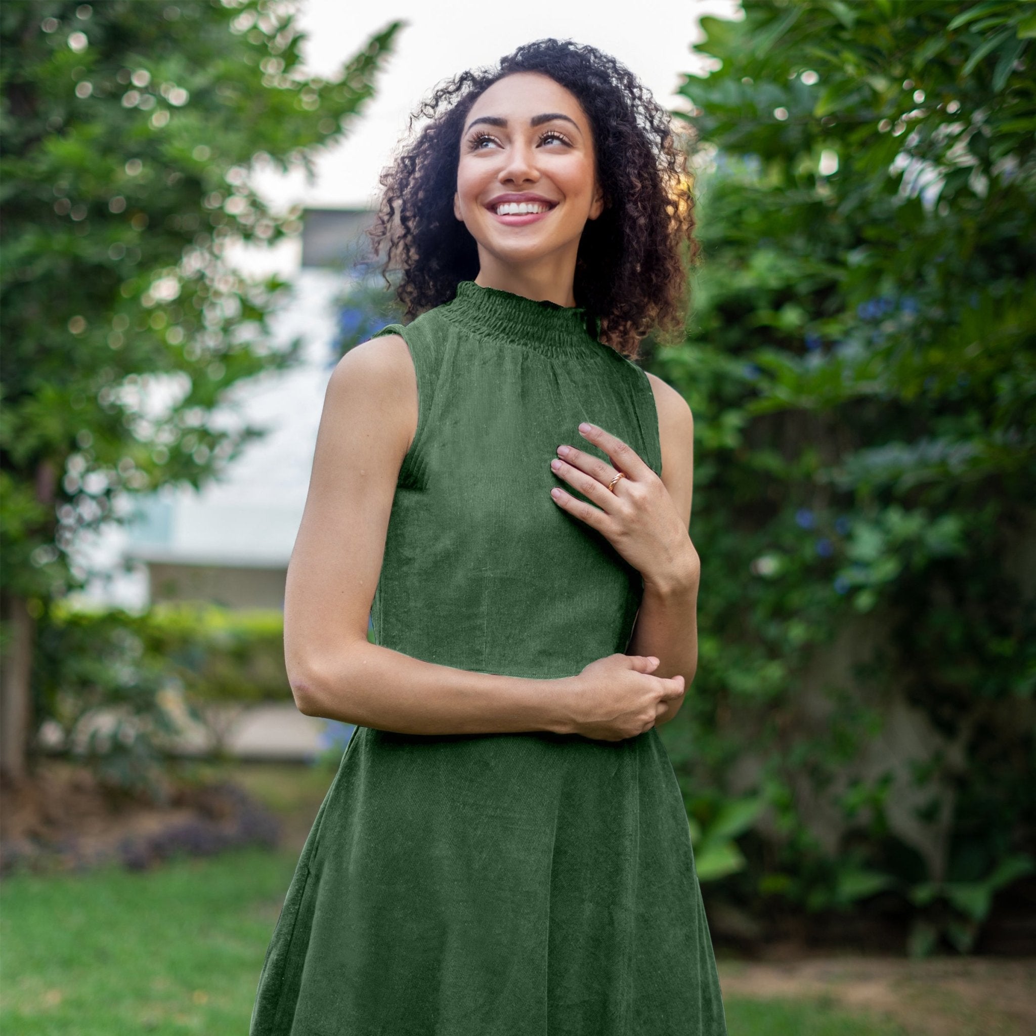 Forest Green Warm Cotton Corduroy High-Neck Sleeveless Slit Dress