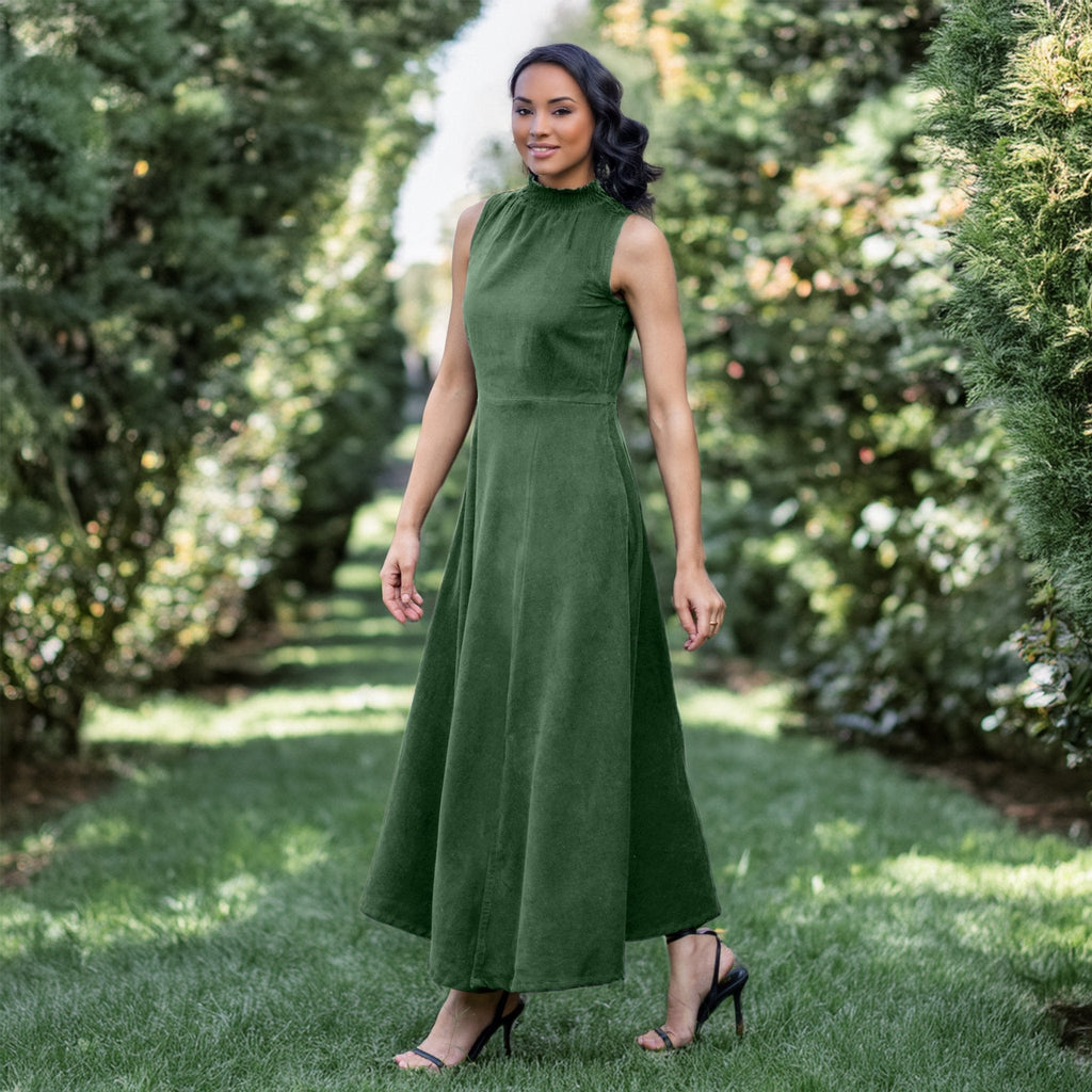 Forest Green Warm Cotton Corduroy High-Neck Sleeveless Slit Dress