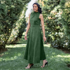 Forest Green Warm Cotton Corduroy High-Neck Sleeveless Slit Dress