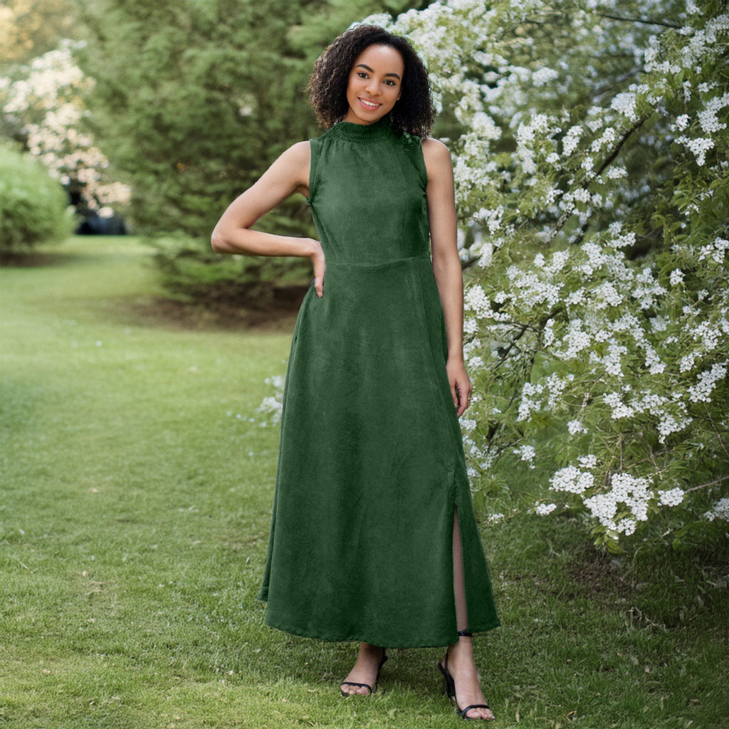 Forest Green Warm Cotton Corduroy High-Neck Sleeveless Slit Dress