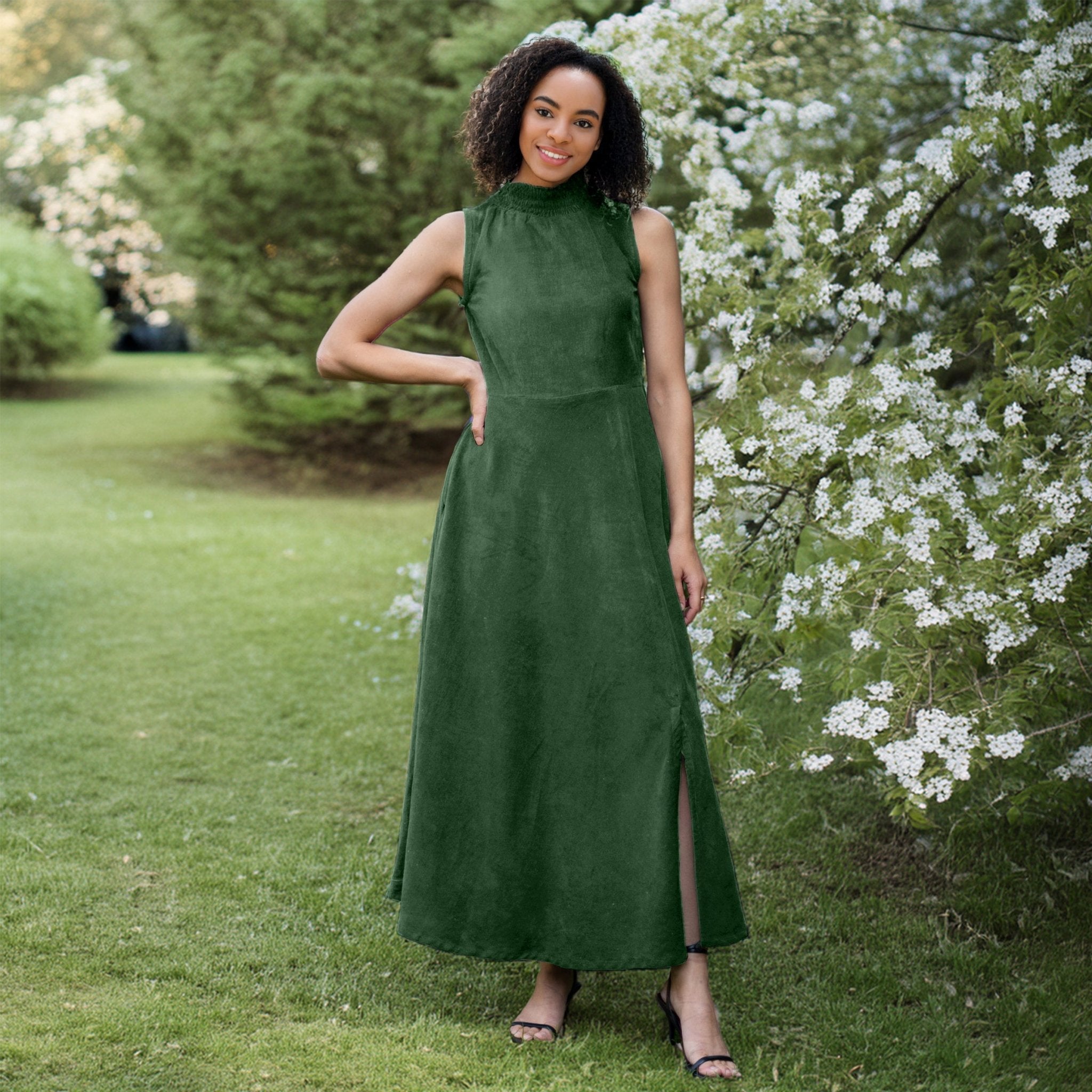 Forest Green Warm Cotton Corduroy High-Neck Sleeveless Slit Dress