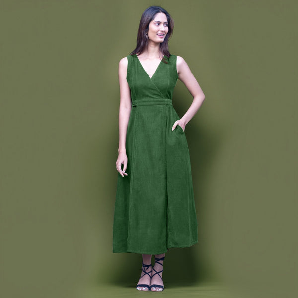Forest Green Warm Cotton Corduroy Sleeveless Midi Wrap Dress