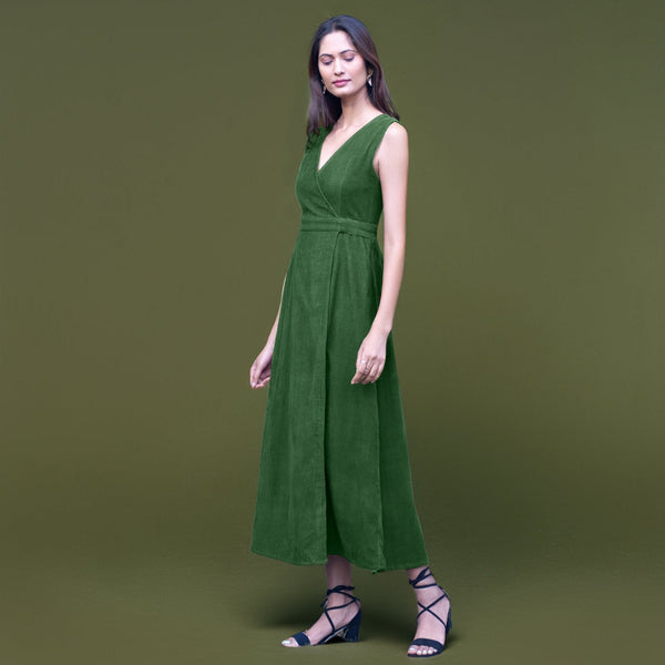 Forest Green Warm Cotton Corduroy Sleeveless Midi Wrap Dress
