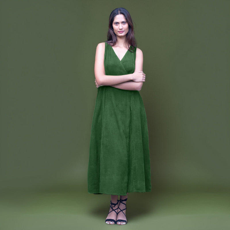 Forest Green Warm Cotton Corduroy Sleeveless Midi Wrap Dress