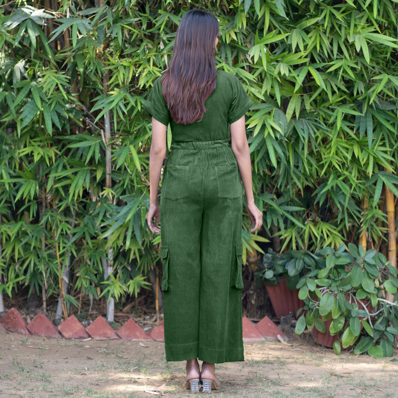 Forest Green Warm Cotton Corduroy Wide Legged Wrap Cargo Jumpsuit