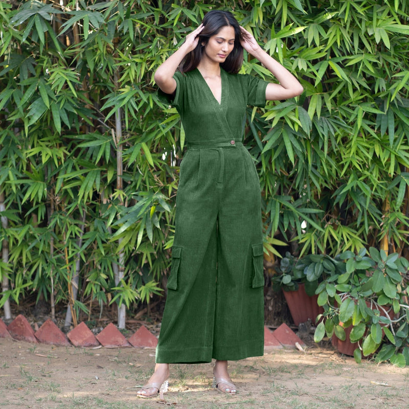 Forest Green Warm Cotton Corduroy Wide Legged Wrap Cargo Jumpsuit