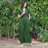 Forest Green Warm Cotton Corduroy Wide Legged Wrap Cargo Jumpsuit