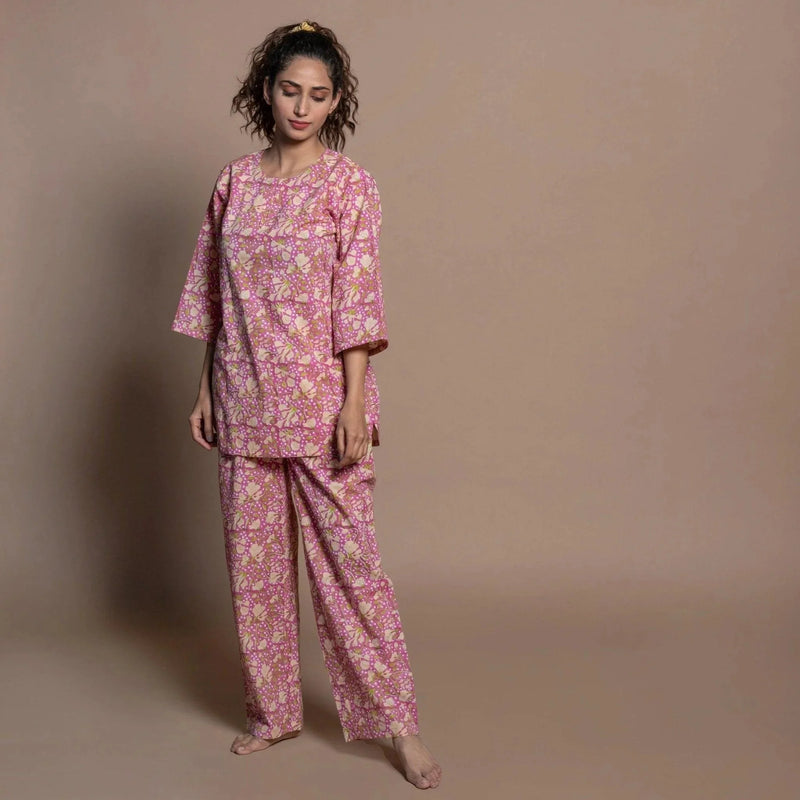 Front View of a Model wearing Fuchsia Floral Block Print Cotton Straight Pant