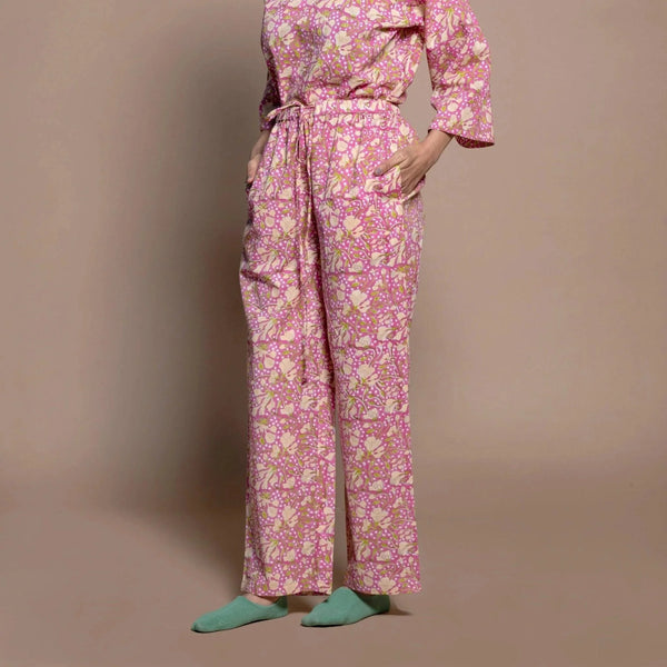 Left View of a Model wearing Fuchsia Floral Block Print Cotton Straight Pant