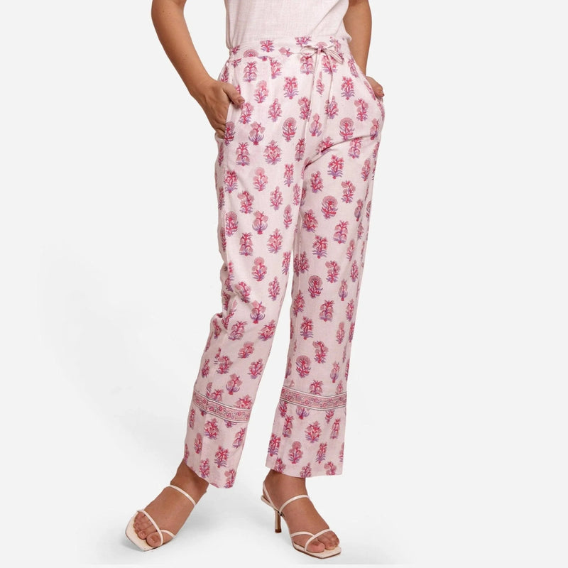 Front View of a Model wearing Fuchsia Floral Block Printed Cotton Straight Pant