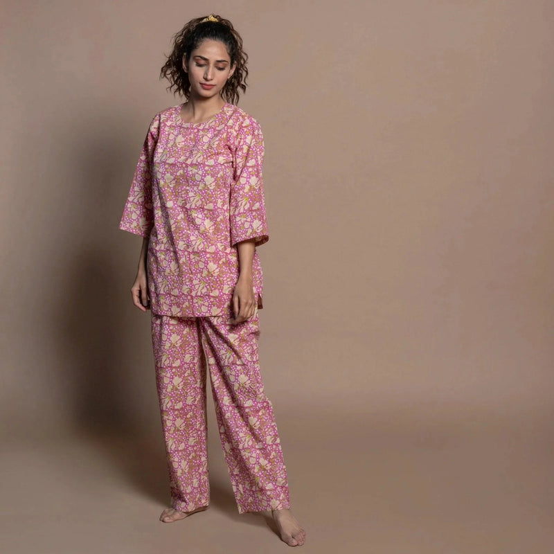 Front View of a Model wearing Fuchsia Floral Block Printed Cotton Tunic Top