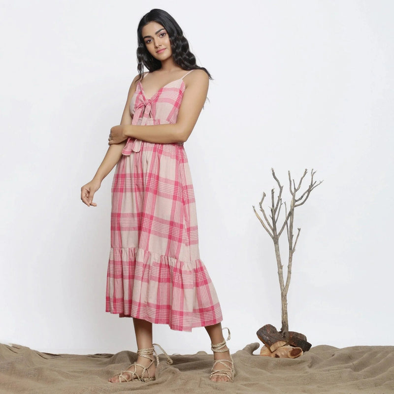 Front View of Model wearing Fuchsia Handspun Deep Neck Sundress