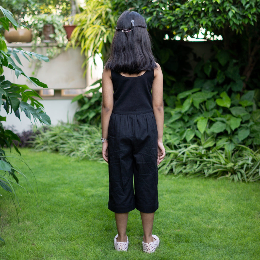 Girls - Black Cotton Flax Button-Down Midi Jumpsuit