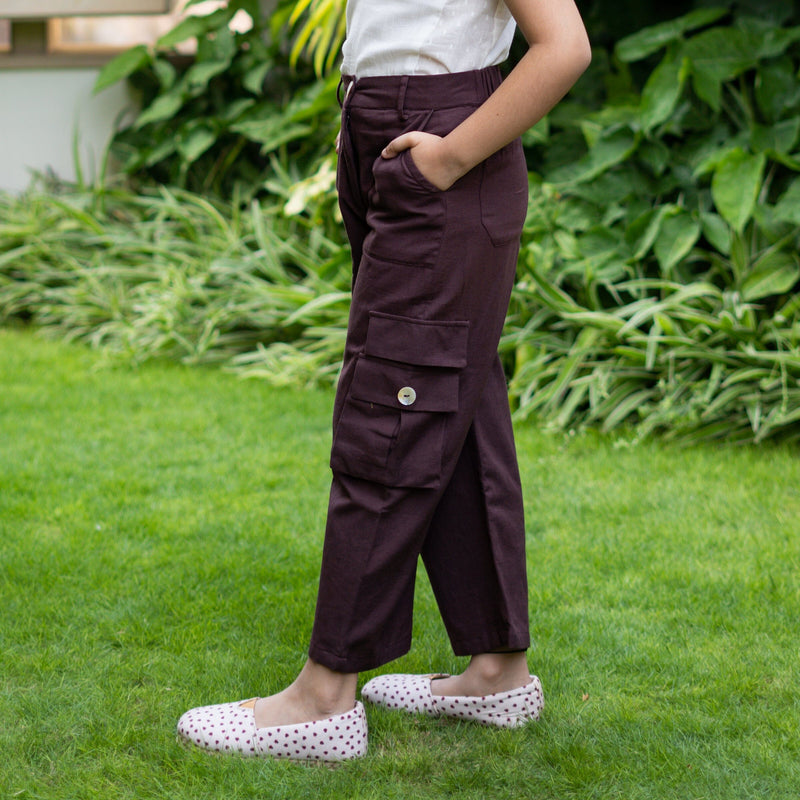 Girls - Brown Cotton Flax Elasticated High-Rise Cargo Pant