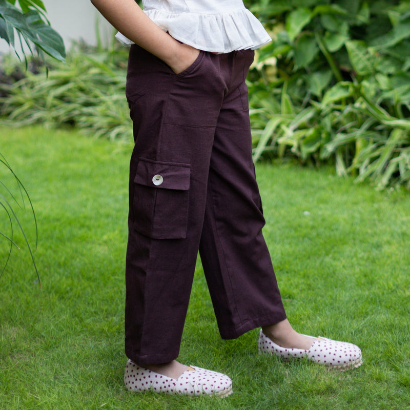 Girls - Brown Cotton Flax Elasticated High-Rise Cargo Pant