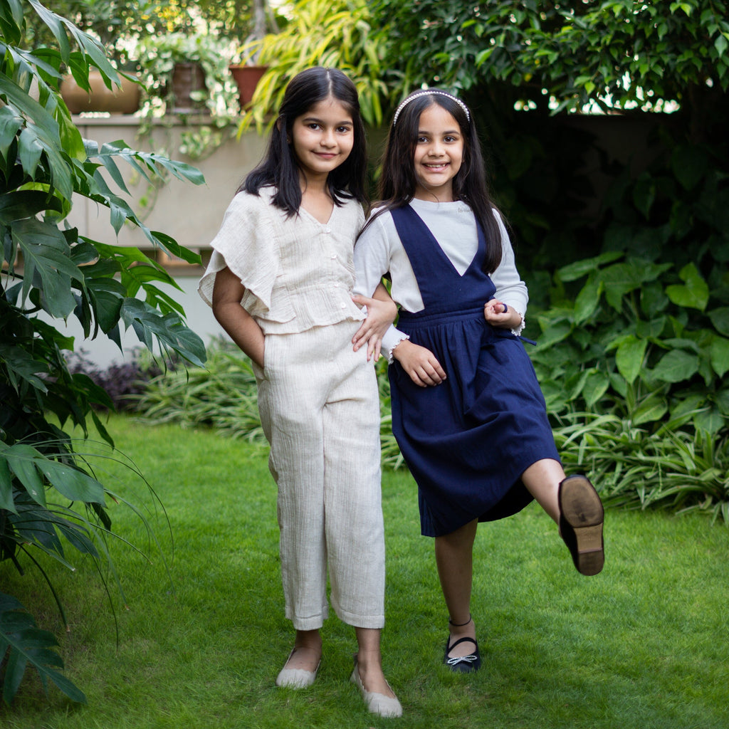 Girls - Ecru Undyed Crinkled Cotton Flax Butterfly Sleeves Crop Top
