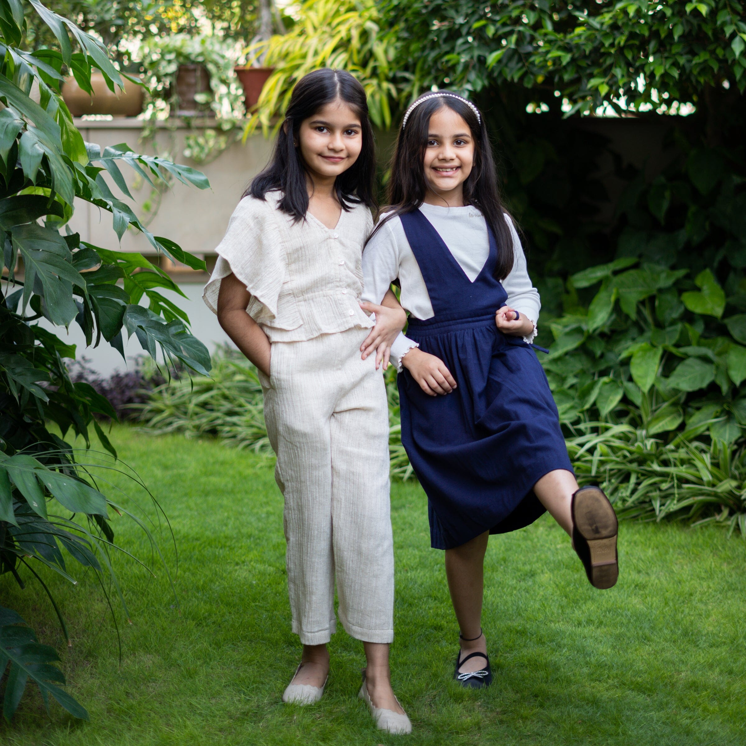 Girls - Ecru Undyed Crinkled Cotton Flax Butterfly Sleeves Crop Top