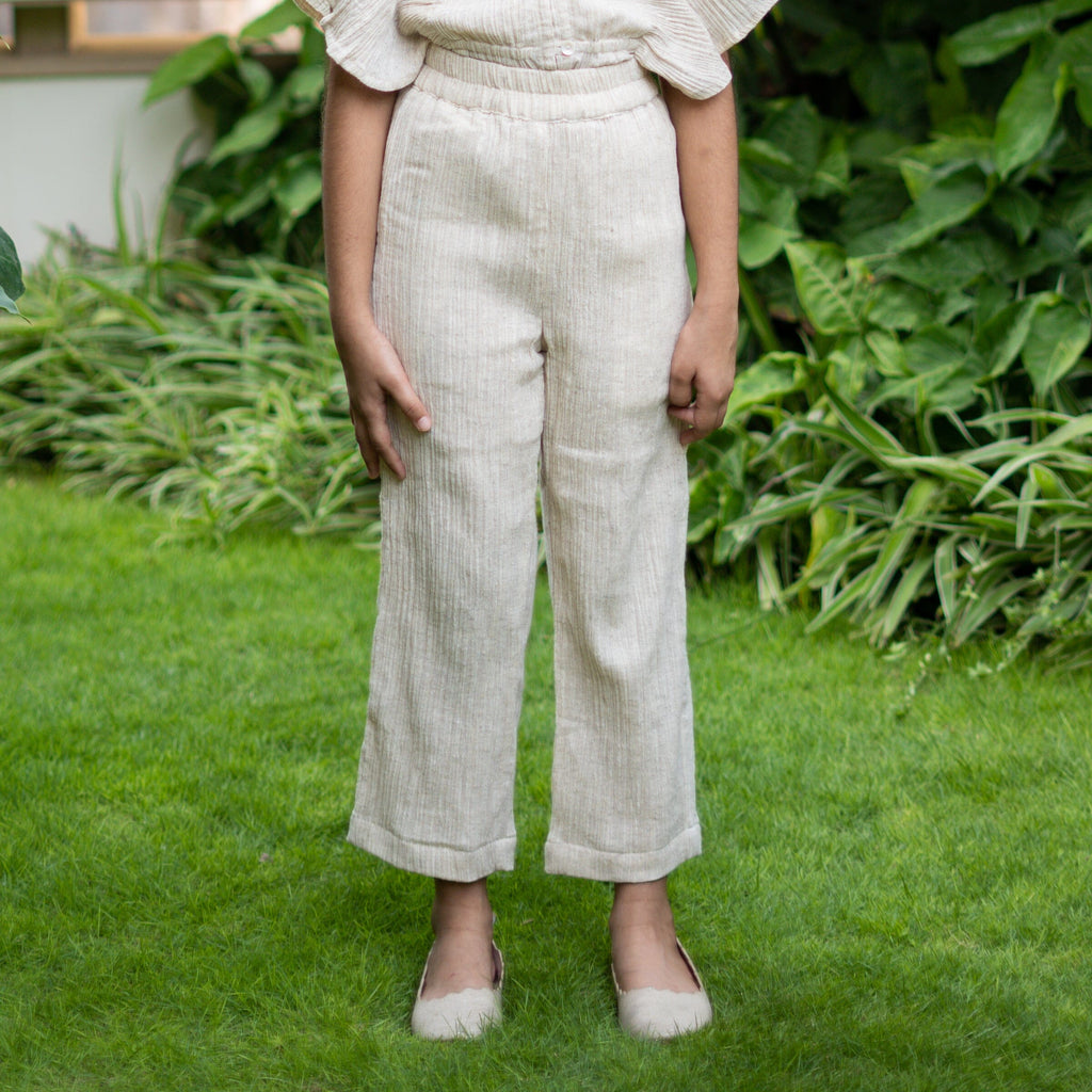 Girls - Ecru Undyed Crinkled Cotton Mid-Rise Elasticated Pant