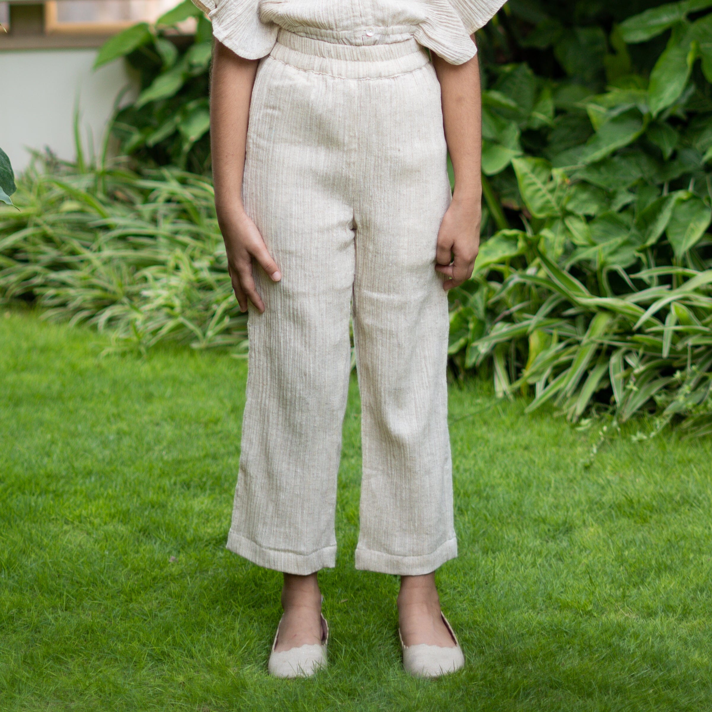 Girls - Ecru Undyed Crinkled Cotton Mid-Rise Elasticated Pant