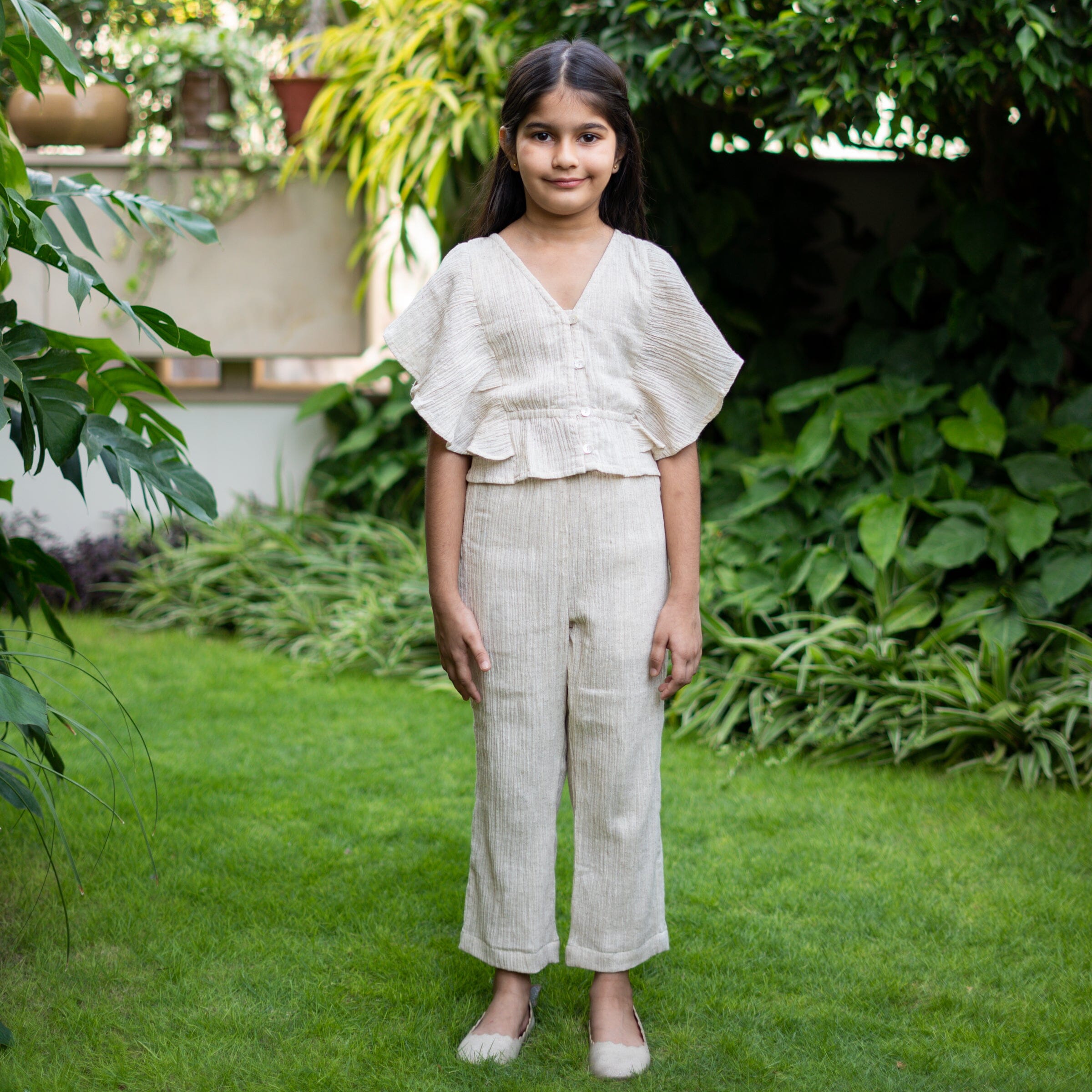 Girls - Ecru Undyed Crinkled Cotton Mid-Rise Elasticated Pant