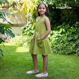 Girls - Khaki Green Cotton Flax Princess Line Short Dress