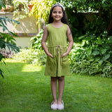 Girls - Khaki Green Cotton Flax Princess Line Short Dress