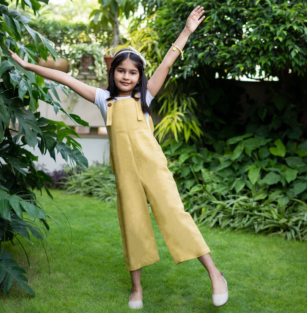 Girls - Light Yellow 100% Cotton Midi Dungaree Jumpsuit
