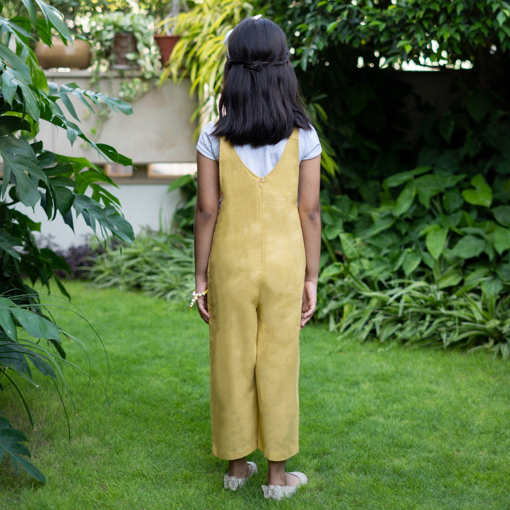 Girls - Light Yellow 100% Cotton Midi Dungaree Jumpsuit