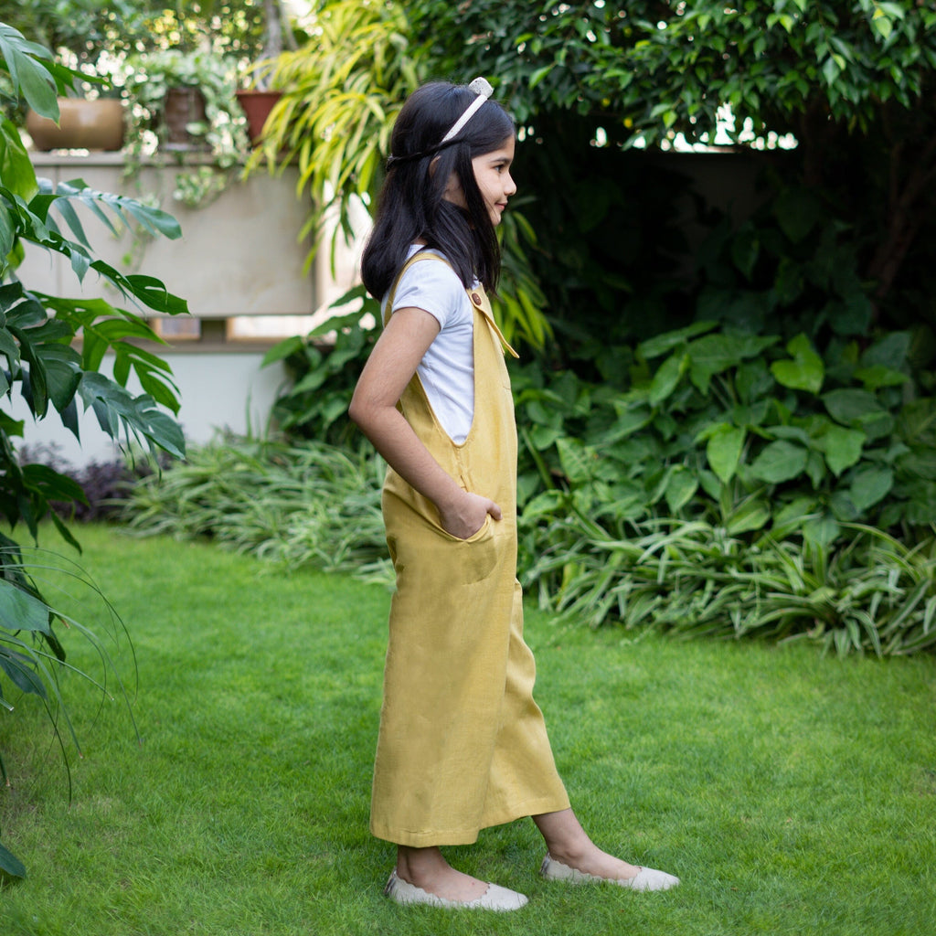 Girls - Light Yellow 100% Cotton Midi Dungaree Jumpsuit