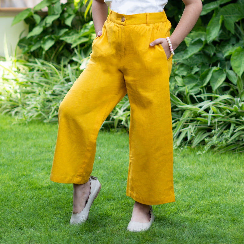 Girls - Mustard Cotton Flax Elasticated Wide Legged Pant