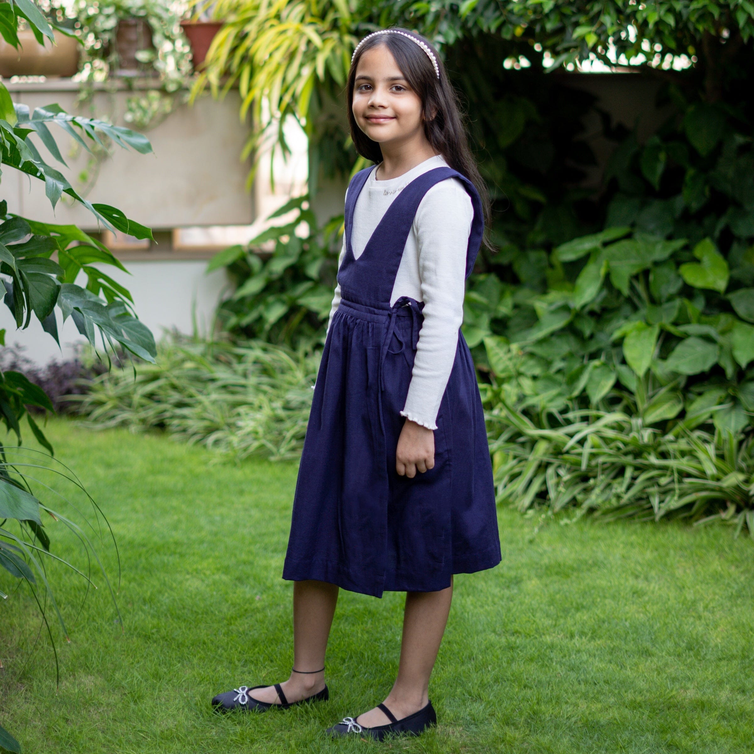 Buy Girls - Navy Blue Cotton Flax Pinafore Midi Wrap Dress Online at ...