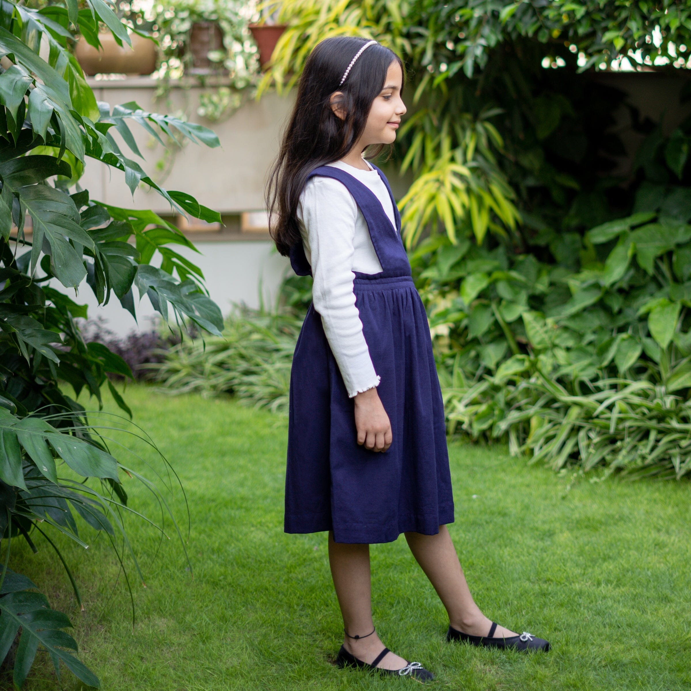 Buy Girls - Navy Blue Cotton Flax Pinafore Midi Wrap Dress Online at ...