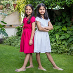 Girls - Pink Cotton Poplin Frilled Knee Length Bohemian Dress