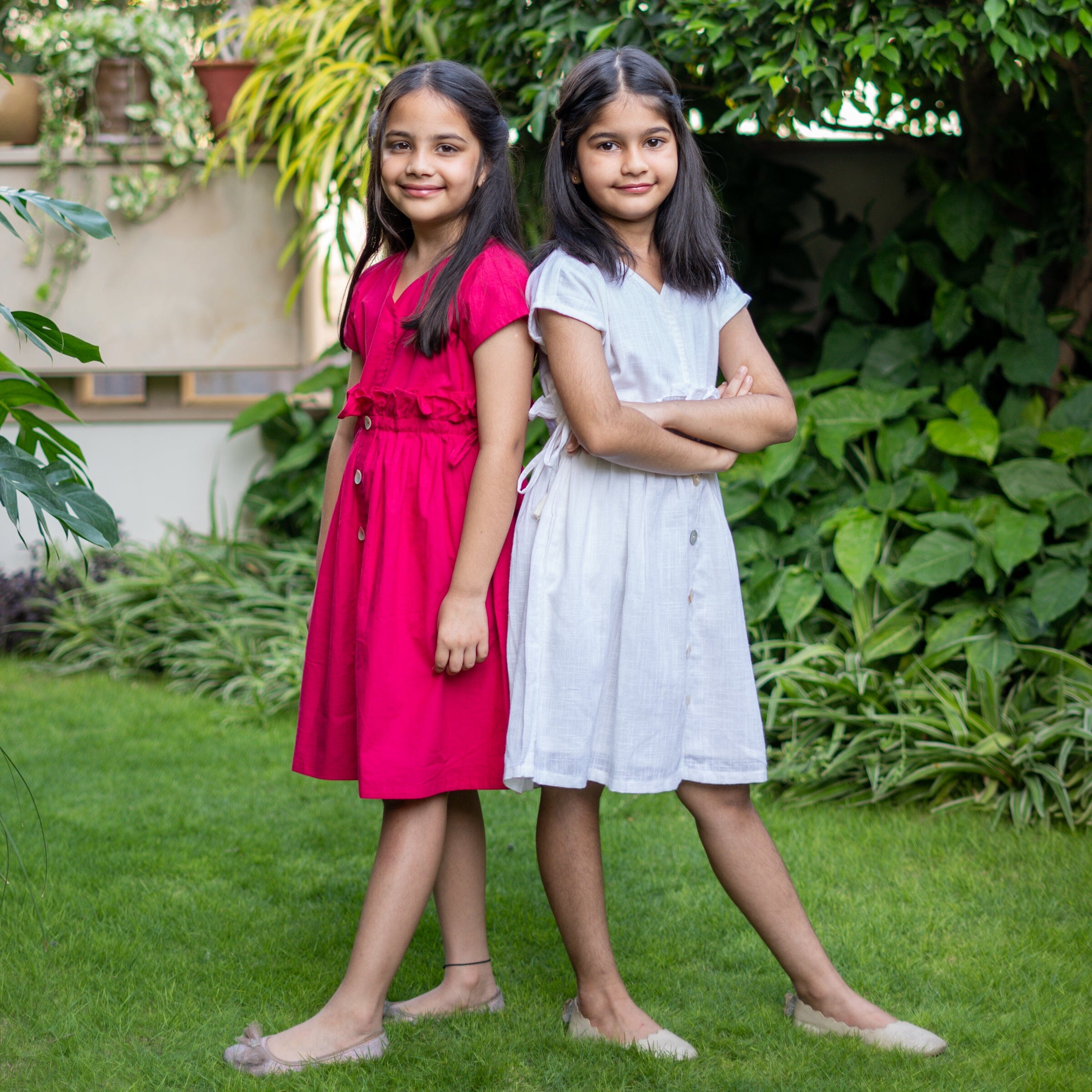 Girls - Pink Cotton Poplin Frilled Knee Length Bohemian Dress