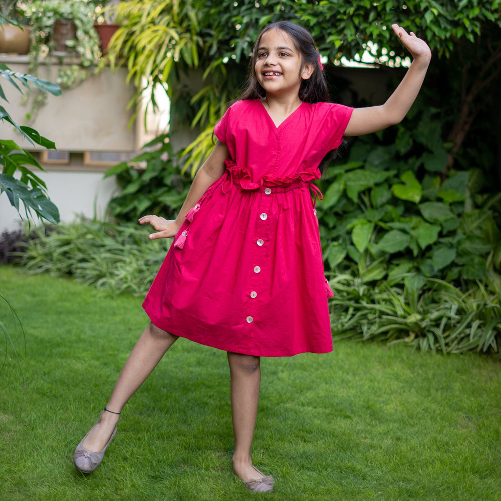 Girls - Pink Cotton Poplin Frilled Knee Length Bohemian Dress
