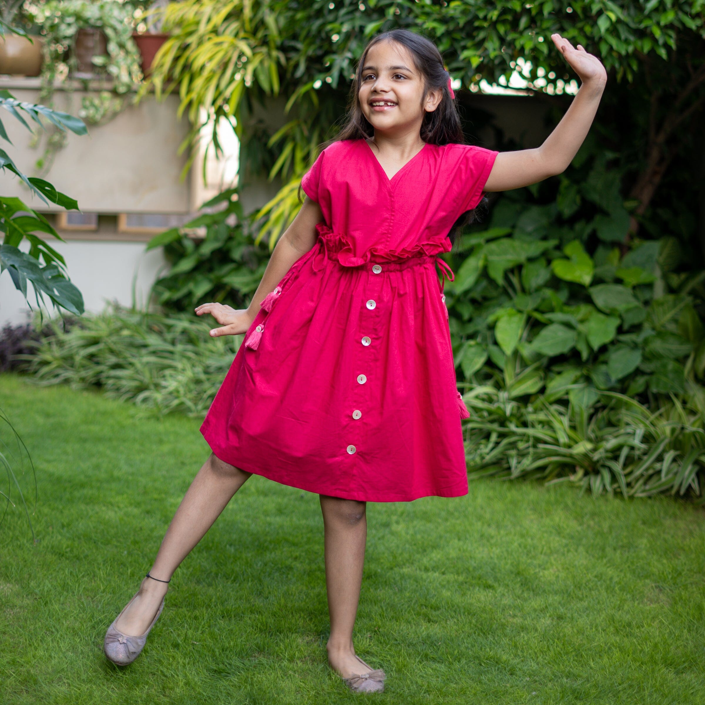 Girls - Pink Cotton Poplin Frilled Knee Length Bohemian Dress